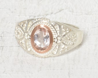 Ring with morganite, delicate pattern, silver, pink gold setting, unique