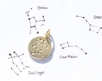 Zodiac pendant gold, Ø 13 mm round, gold 585, polished or matt, customizable with constellation, chain and engraving, commissioned work