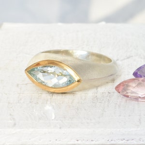 Aquamarine ring, bicolor, navette shape, silver with gold, goldsmith's work image 1