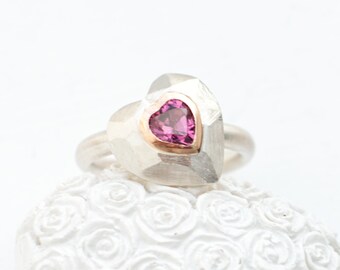 Ring with rhodolite, heart ring, application ring, silver with rose gold setting, unique