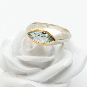 Aquamarine ring, bicolor, navette shape, silver with gold, goldsmith's work image 2