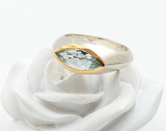 Aquamarine ring, bicolor, navette shape, silver with gold