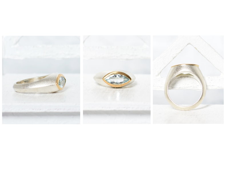 Aquamarine ring, bicolor, navette shape, silver with gold, goldsmith's work image 8