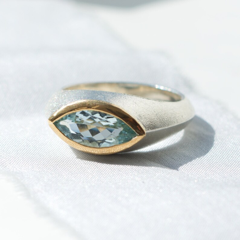 Aquamarine ring, bicolor, navette shape, silver with gold, goldsmith's work image 5