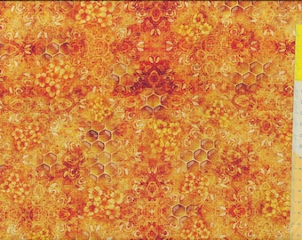 Patchwork fabric "Buzz Buzz Buzz" honeycomb with flowers in a warm dark sunny yellow