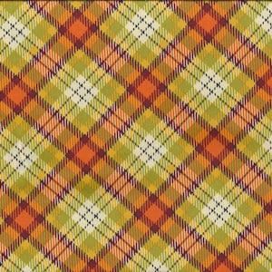 Peut inclure: Un tissu à carreaux avec un motif répété de orange, jaune, vert et bordeaux. Le tissu a un léger brillant et une texture douce.