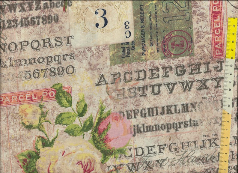 May include: A vintage-style fabric with a beige background featuring a repeating pattern of letters, numbers, and floral designs. The fabric includes the words "PARCEL PO" and "PUPCUASERS RECEIPT" in red and black text. The fabric also features a pink rose and a yellow rose.