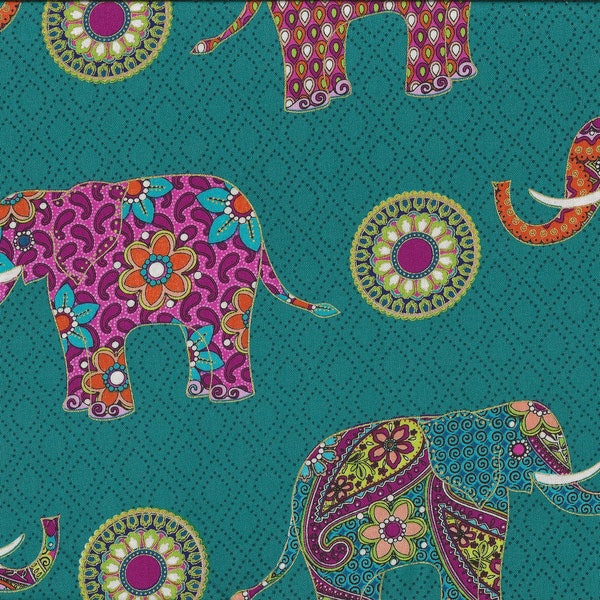 Patchworkstoff "Return to Hope" Elefanten mit Gold auf smaragdfarbenem Grund