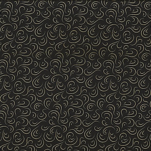 May include: Black fabric with a gold swirl pattern. The fabric is textured and has a subtle sheen.