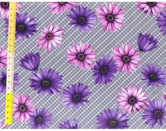 Patchwork fabric "Miss Marquerite grey" marguerites in pink and purple on grey-white checkered