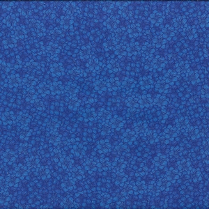 May include: A blue fabric with a small white floral pattern. The fabric is a solid blue color with a repeating pattern of small white flowers.