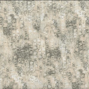 May include: Textile fabric with a distressed, vintage aesthetic. The fabric features a repeating pattern of letters, numbers, and symbols in shades of grey and beige. A yellow ruler is placed along the right edge, showing measurements in centimetres.