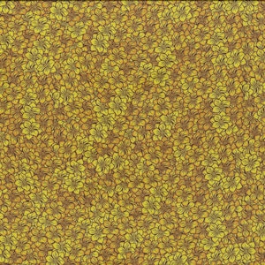 May include: A seamless fabric pattern featuring a repeating design of yellow flowers on a brown background.