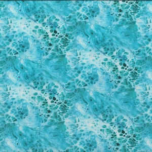 May include: A fabric with a teal and white abstract pattern resembling ocean waves. The design features swirling patterns with darker teal accents and a few thin, dark blue lines. A yellow ruler is on the right side of the fabric.