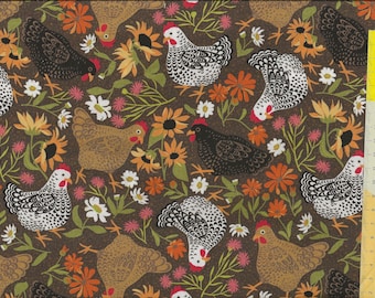 Patchwork fabric "Chickens in the Meadow" Chickens in a meadow, brown background