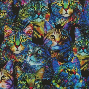 Peut inclure: Un tissu à motifs avec un motif répété de visages de chats. Les chats sont représentés dans un effet de vitrail, utilisant une palette de bleus, de verts, de jaunes et de rouges. Le fond est noir.