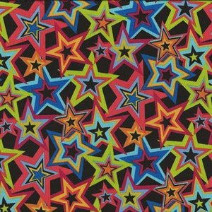 Peut inclure: Un fond noir avec un motif répétitif d'étoiles colorées. Les étoiles sont superposées et ont un style rétro des années 1970.