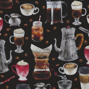 Tissu patchwork &quot;Perfect Blend&quot; café, expresso, cappuccino, grains de café, machine à café, cafetière, sur fond noir