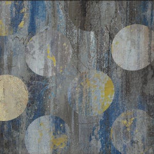 Può includere: Stampa artistica astratta con sfondo strutturato e cerchi sovrapposti in grigio, blu e giallo. Un righello giallo è visibile sul lato destro, con misure in centimetri.