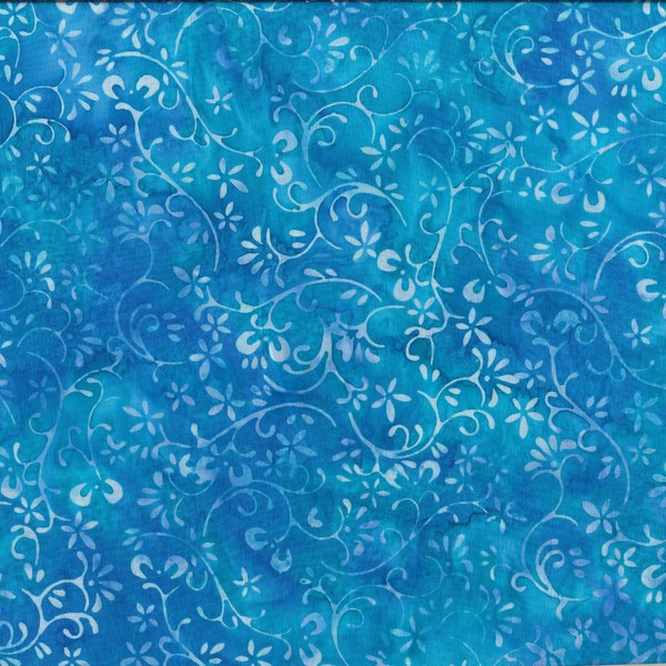 Batikstoff "Bali Handpaint" blau, aqua, türkis, kleine Blüten und Ranken