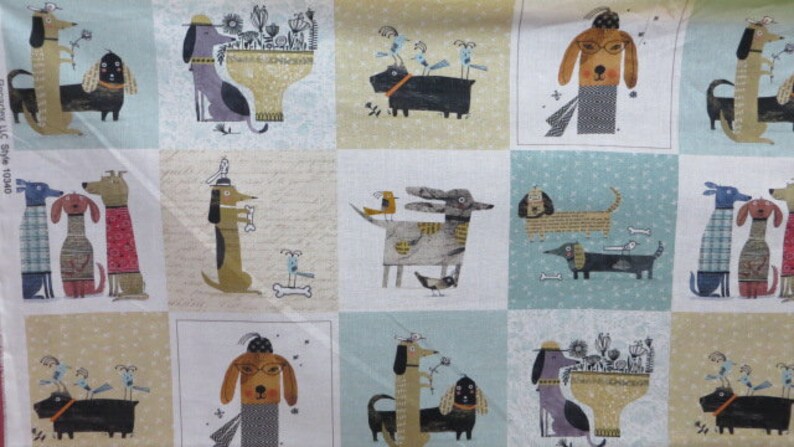 Patchwork fabric Its Raining Dogs teal, funny dogs in blue-green image 3