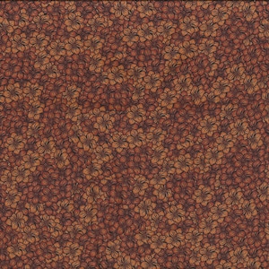 Op de afbeelding: Bruine stof met een herhalend patroon van kleine, donkerbruine bloemen. De stof is getextureerd en heeft een subtiele glans.