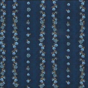 Può includere: Tessuto blu con un motivo ripetitivo di piccoli fiori blu in file verticali. Il tessuto ha una texture sottile.