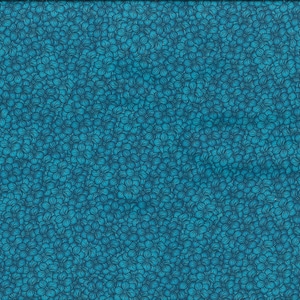 Op de afbeelding: Turquoise stof met een herhalend patroon van kleine, donkerblauwe bloemen.