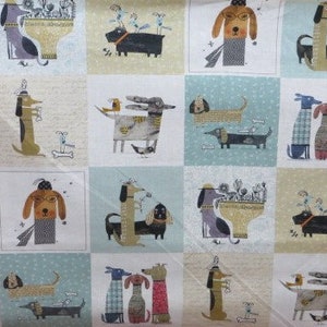 Patchwork fabric Its Raining Dogs teal, funny dogs in blue-green image 2