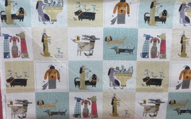 Patchwork fabric Its Raining Dogs teal, funny dogs in blue-green image 2