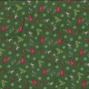 Può includere: Tessuto verde con un motivo ripetuto di cardinali rossi, uccelli grigi e bianchi, fiocchi di neve e rametti di foglie e bacche. Ideale per quilting, cucito o altri progetti artigianali.