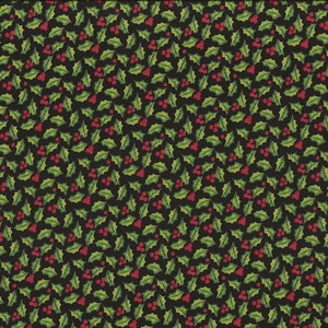 Könnte beinhalten: Ein schwarzer Stoff mit einem sich wiederholenden Muster aus grünen Stechpalmenblättern und roten Beeren.
