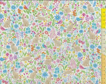 Tissu patchwork "Hello Spring" Bunny Meadow, lapins de Pâques, oiseaux et papillons