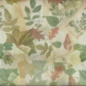 Patchwork fabric "Herbarium" leaves and grasses in great muted autumn colours with writing, vintage