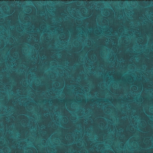 May include: Teal fabric with a white swirl pattern. The fabric has a textured, slightly distressed look.