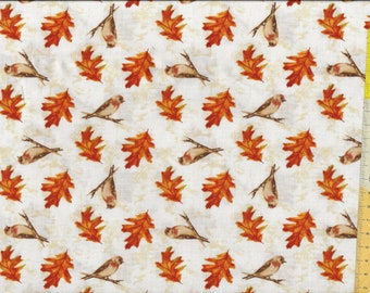 Patchwork fabric "Autumn Splendor" Autumn foliage with birds on beige marbled ground
