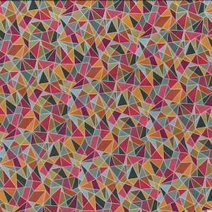Puede incluir: Tela de patrón geométrico abstracto con un mosaico colorido de triángulos rojos, naranjas, amarillos, azules, verdes y morados.