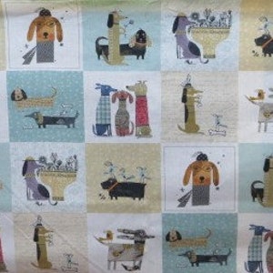 Patchwork fabric Its Raining Dogs teal, funny dogs in blue-green image 1