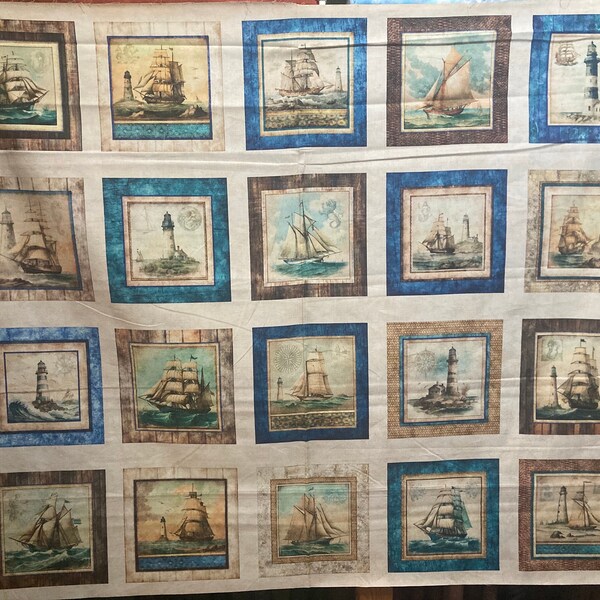 Tissu patchwork "Sirens Call" PATCHS NAUTIQUES, panneau avec phares et voiliers