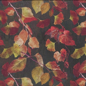 Può includere: Un tessuto scuro con un motivo ripetuto di foglie autunnali nei toni del rosso, arancione e giallo. Le foglie sono di varie forme e dimensioni, tra cui foglie di acero e ginkgo. Un righello giallo è visibile sul lato destro.