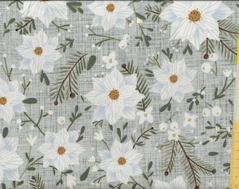 Tissu de Noël « Rêves d'hiver » Rose de Noël, rose des neiges, branches et feuilles avec de l'or