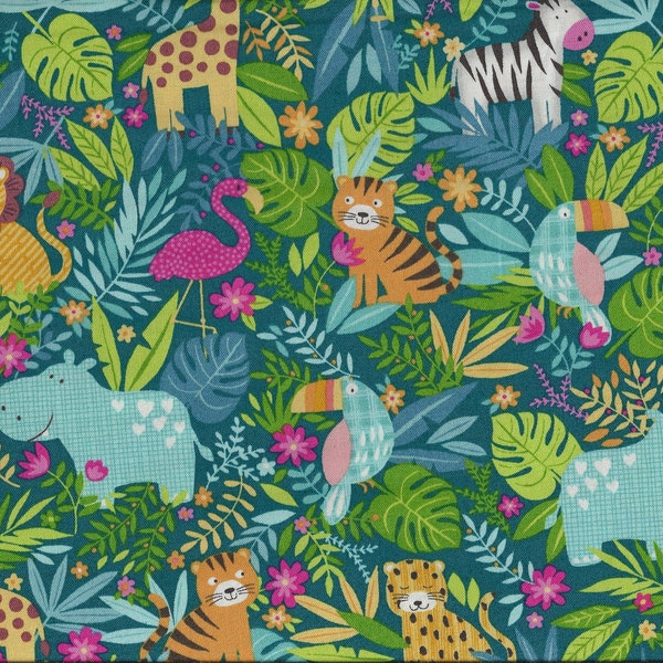 Tissu patchwork "In the Jungle Scenic" tissu pour enfants dans la jungle, lions, girafes, zèbres, oiseaux,