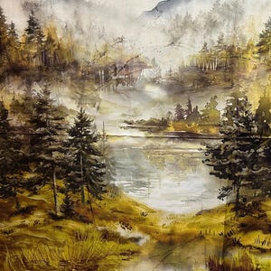 Op de afbeelding: Een stoffen paneel met een aquarel-landschapsschildering van een mistig bos, een kalm meer en verre bergen. De scène is uitgevoerd in tinten olijfgroen, bruin en grijs, met drie kleine zwarte vogels die in de lucht vliegen.