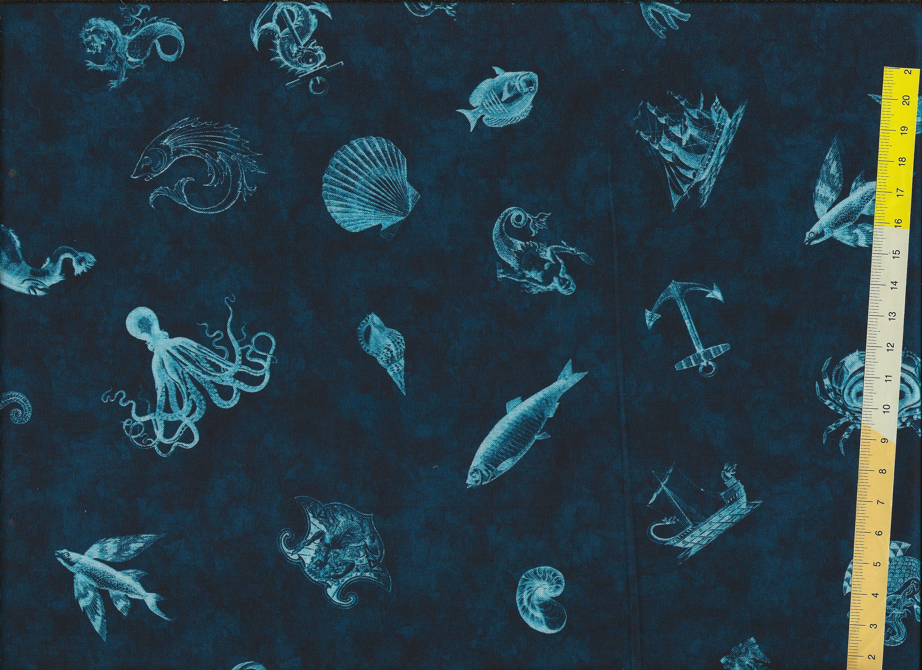 Patchwork fabric "Sirens Call" Nautical Patchwork, sea creatures, ships, crabs, shells on a dark blue background
