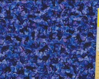 Tissu patchwork « Fantaisie féline » chats sur fond bleu-violet