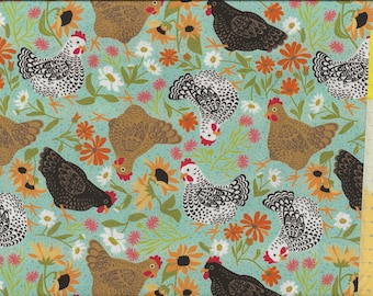 Patchwork fabric "Chickens in the Meadow" Chickens in the meadow, mint-colored background