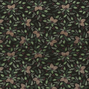 Könnte beinhalten: Ein schwarzer Stoff mit einem sich wiederholenden Muster aus grünen Stechpalmenblättern, roten Beeren und braunen Tannenzapfen.