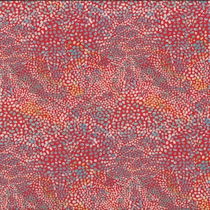 May include: Red fabric featuring a pattern of small, irregular shapes in white, blue, and yellow. A ruler is visible on the right edge, marked in centimetres.