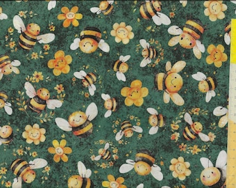 Patchwork fabric "Buzz Buzz Buzz" children's fabric with cute bees and flowers on a green background