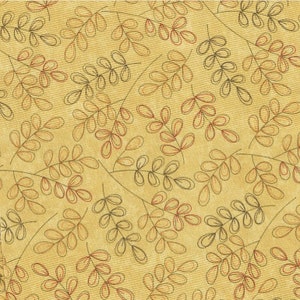 Peut inclure: Un motif sans couture représentant des feuilles stylisées dans des tons de brun et de rouge sur un fond jaune clair.
